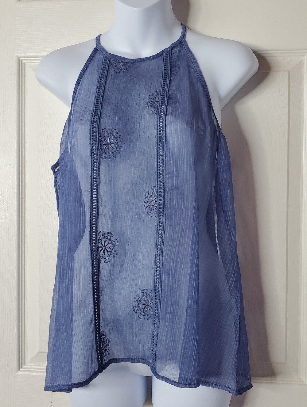 Sheer Blue Embroidered Halter Tank Gauzy Boho Flowy Fairy Summer Flowy Sz Medium